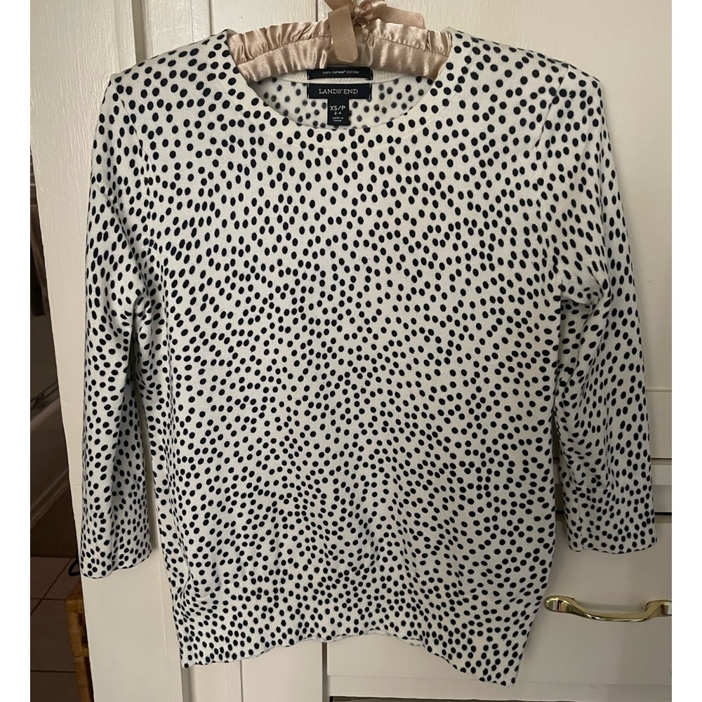 Talbots white sweater with black polka dots.
